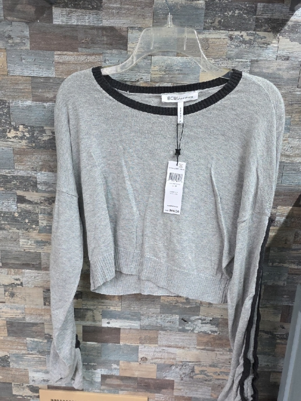 BCBGeneration Gray Crop Sweater with Black Neck Trim